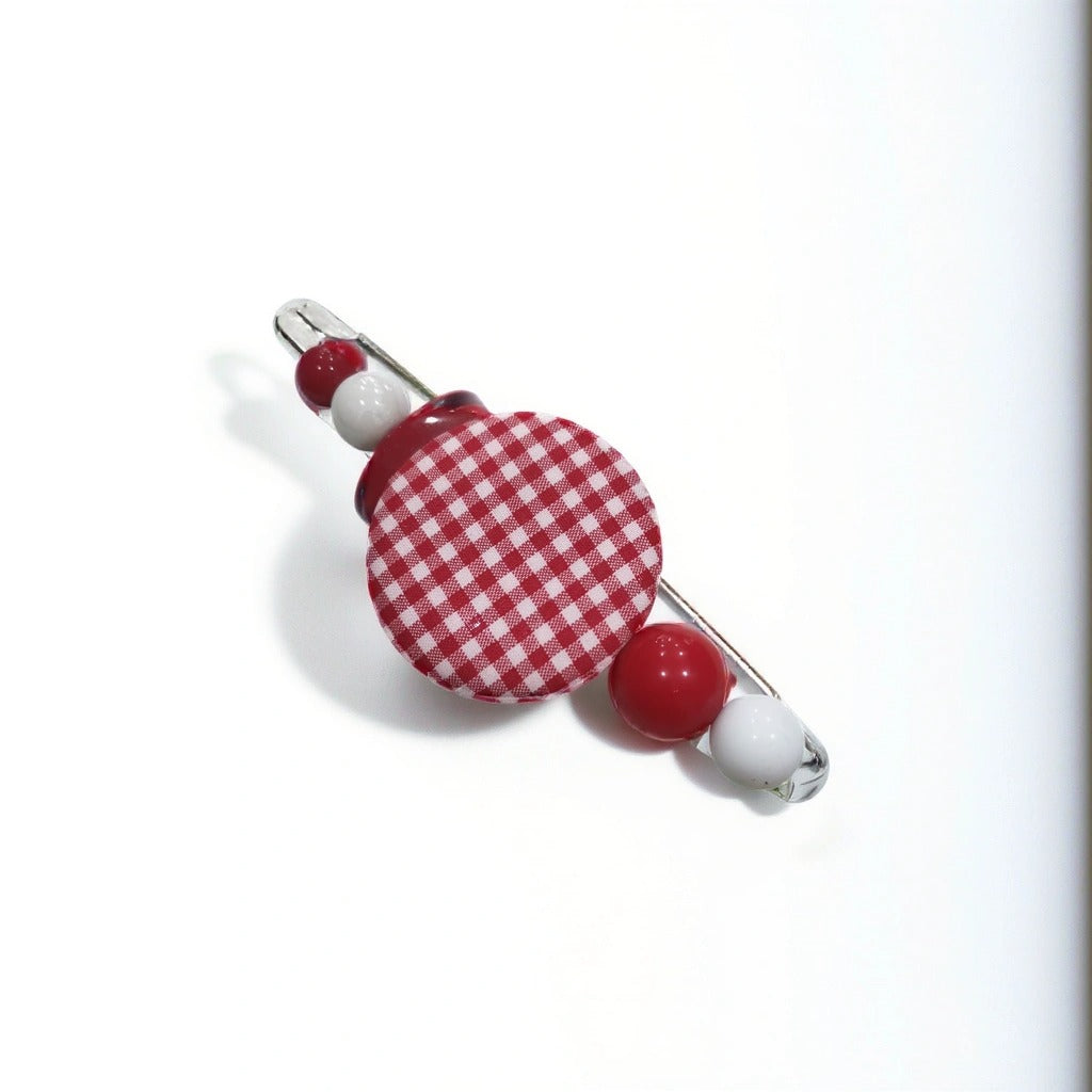 Handcrafted Red Vichy Fabric and Plexiglass Brooch