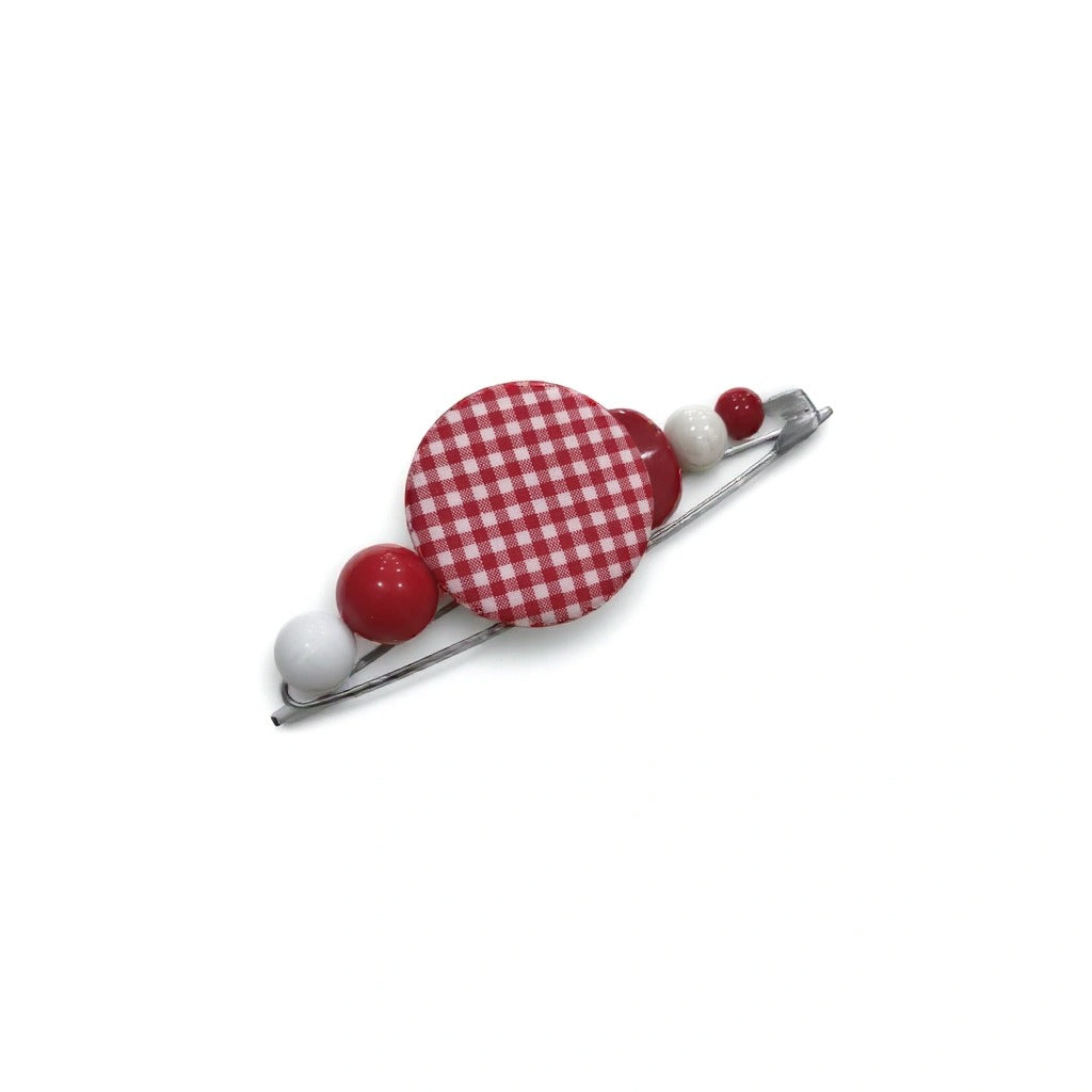 Handcrafted Red Vichy Fabric and Plexiglass Brooch