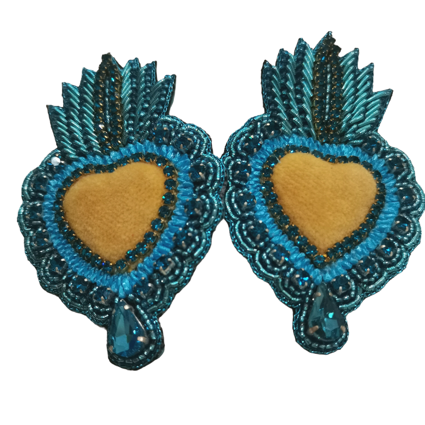 Sacred Heart Embroidered Earrings Handmade with Velvet and Stones