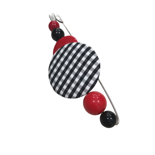 Broche Vichy Artisanale en Rouge, Noir et Blanc