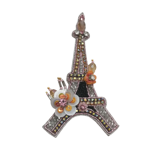 Broche Artisanale Tour Eiffel avec Cristaux et Fleurs Roses en Paillettes