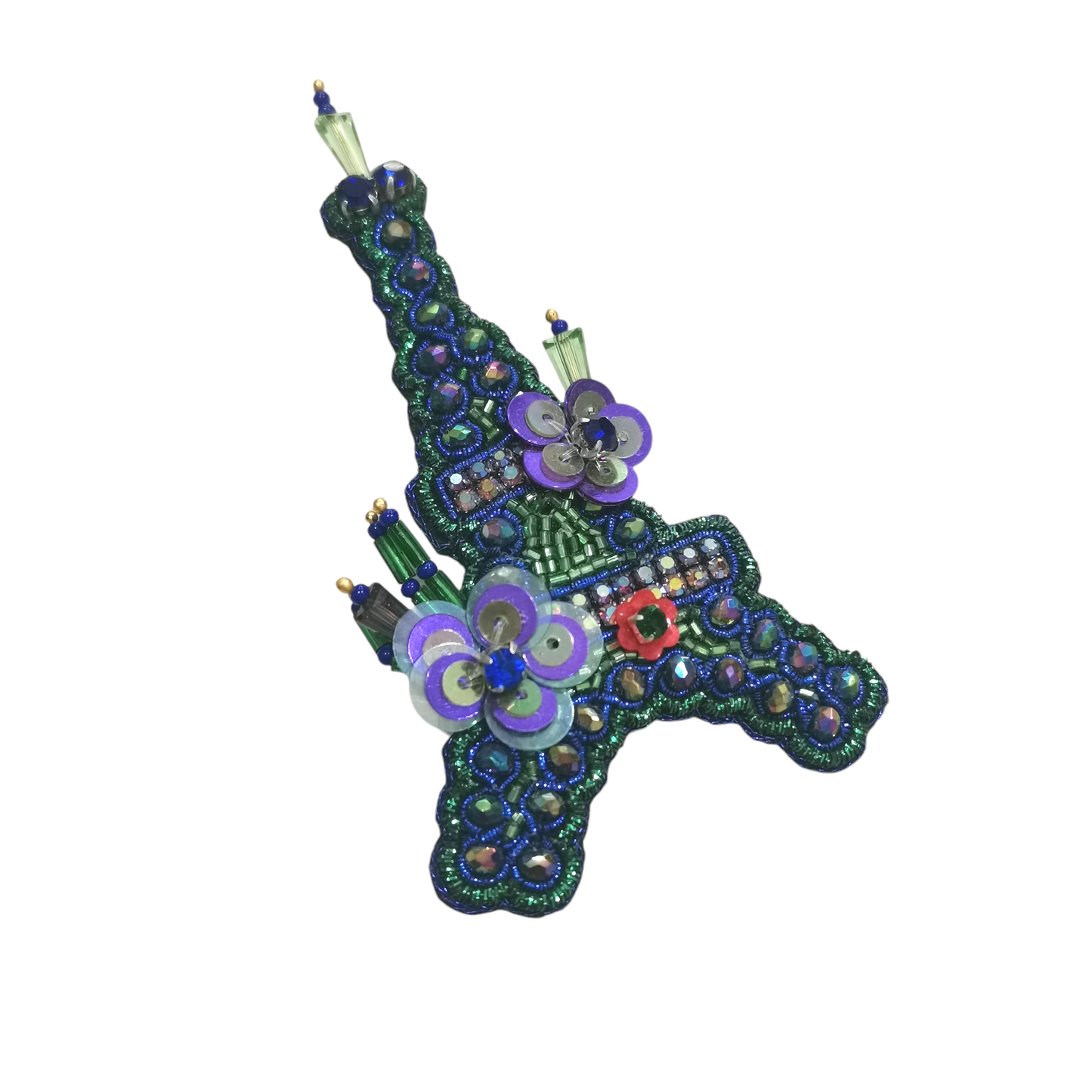 Broche Artisanale Tour Eiffel avec Cristaux et Fleurs Violettes en Paillettes