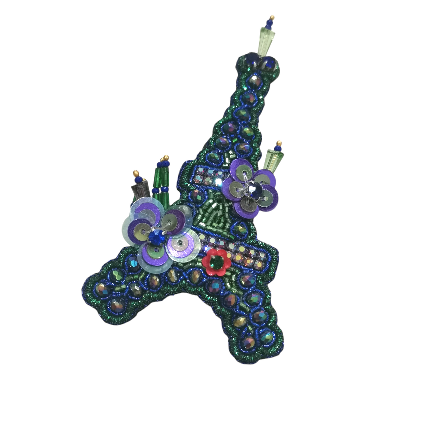 Broche Artisanale Tour Eiffel avec Cristaux et Fleurs Violettes en Paillettes